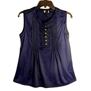 Madamaselle Navy Blue Pintuck Sleeveless Mandarin Collar Blouse Top Womens Small